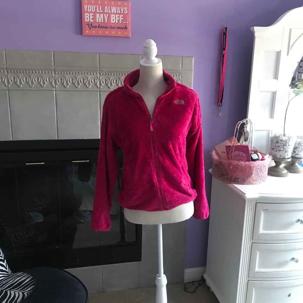 Girls pink fuzzy north face jacket